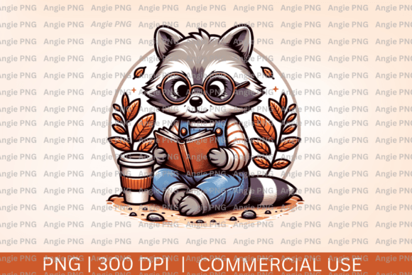 Cozy Autumn Design with Fall Raccoon Reading Coffee PNG